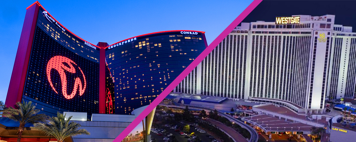 A photo collage of Resorts World Las Vegas and the Westgate Las Vegas